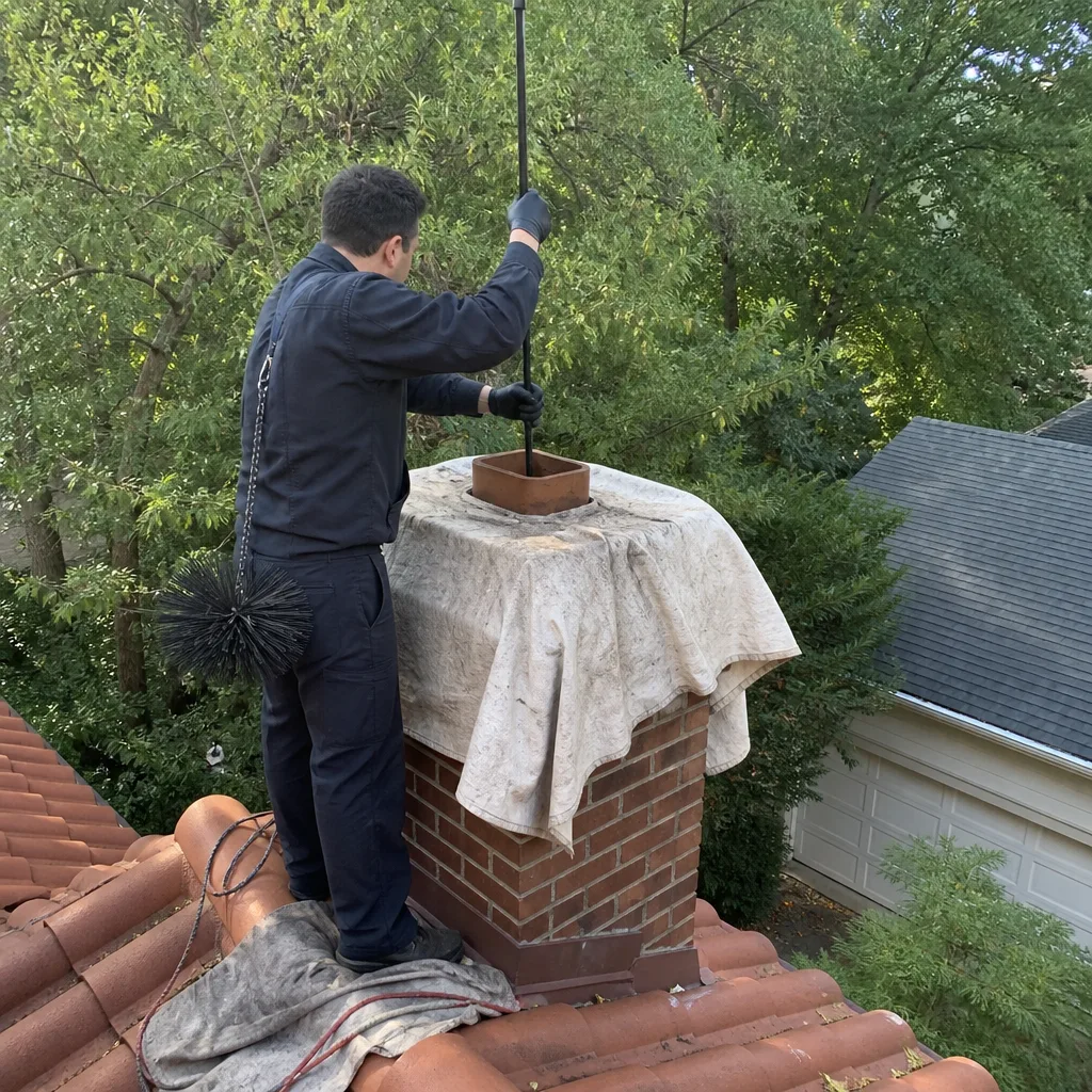 Professional chimney sweep cleaning a brick chimney flue from the roof