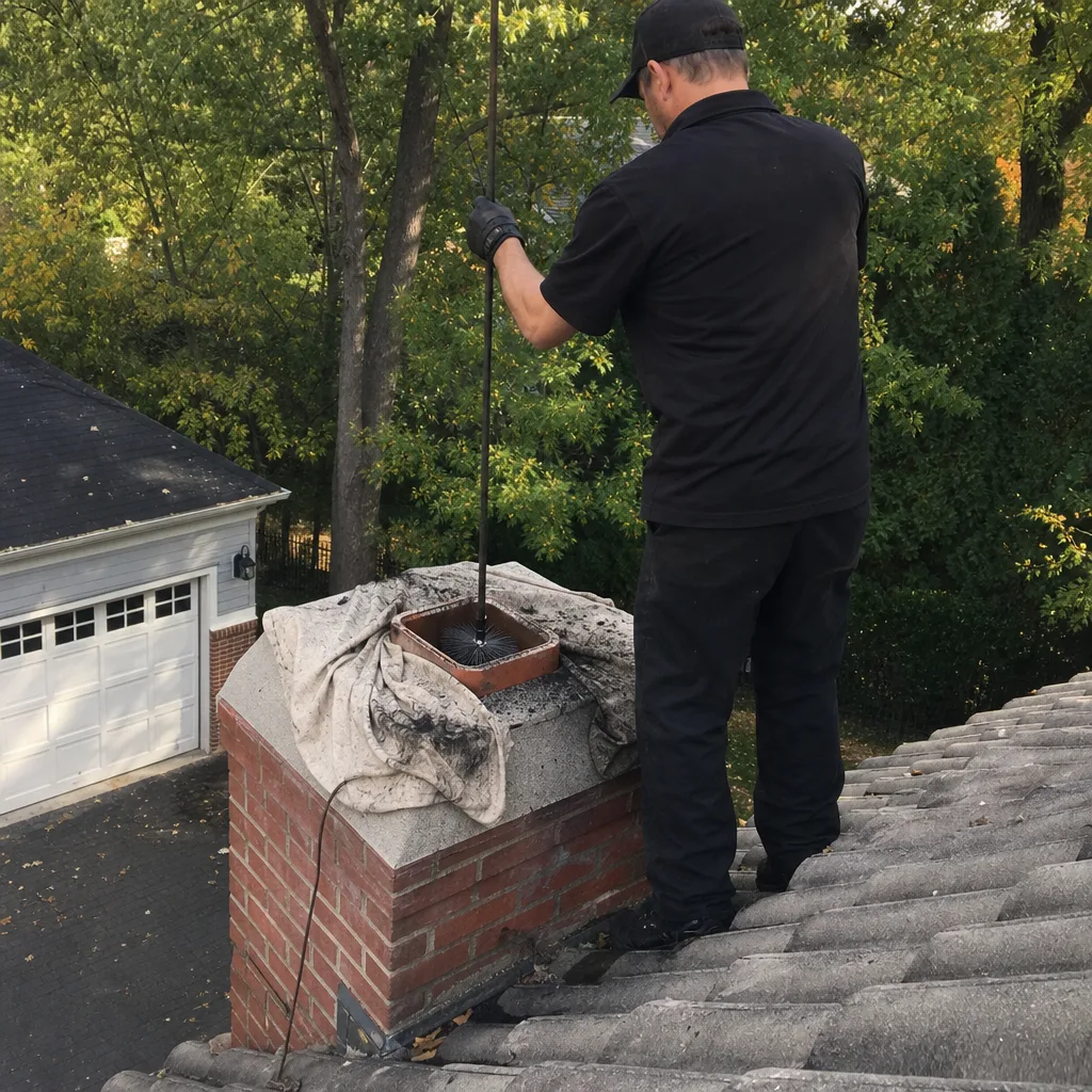 Professional chimney sweep performing chimney cleaning and flue maintenance on a roof.