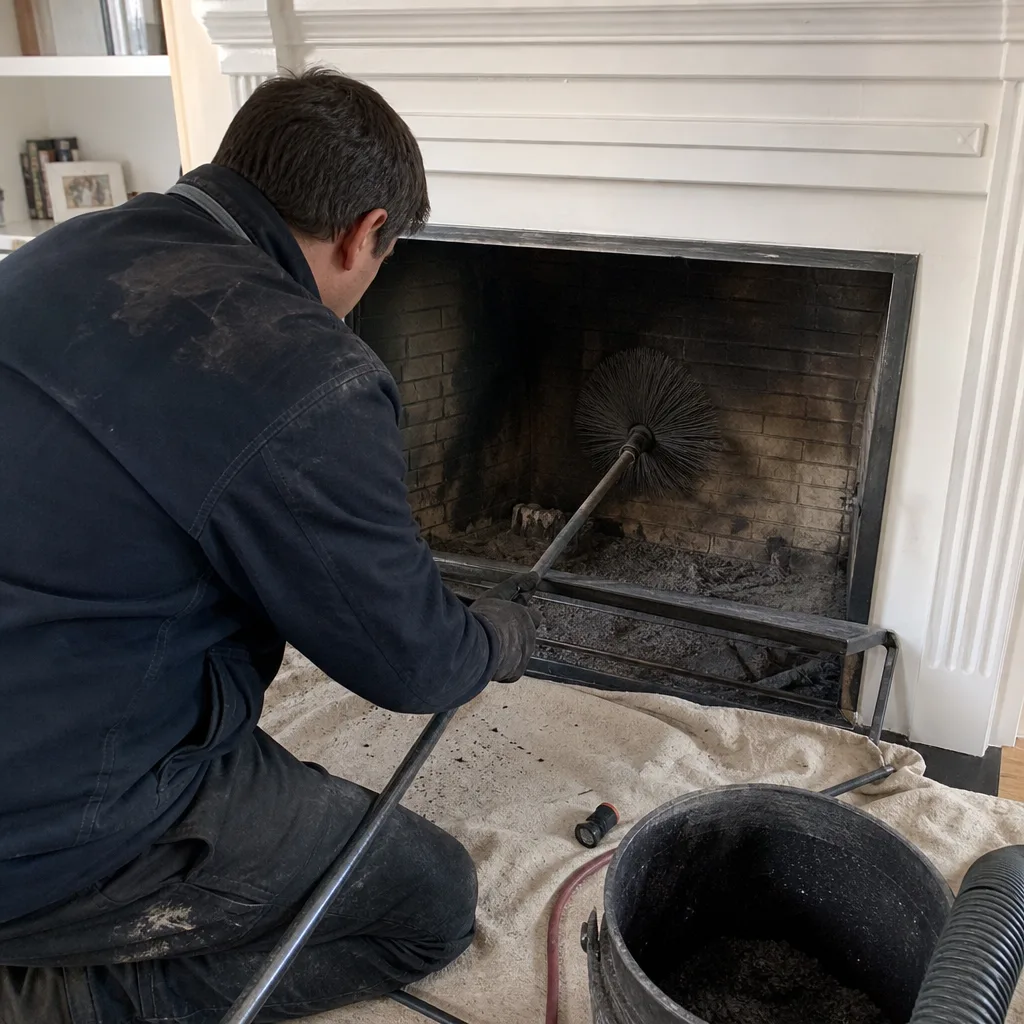 Professional chimney sweep cleaning a residential fireplace with a brush