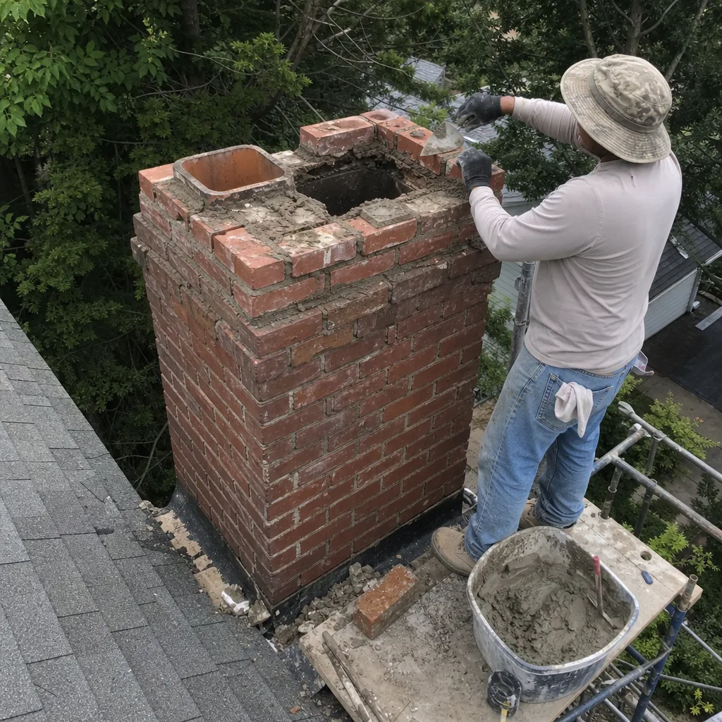 Professional mason performing structural brick chimney repair on a residential rooftop