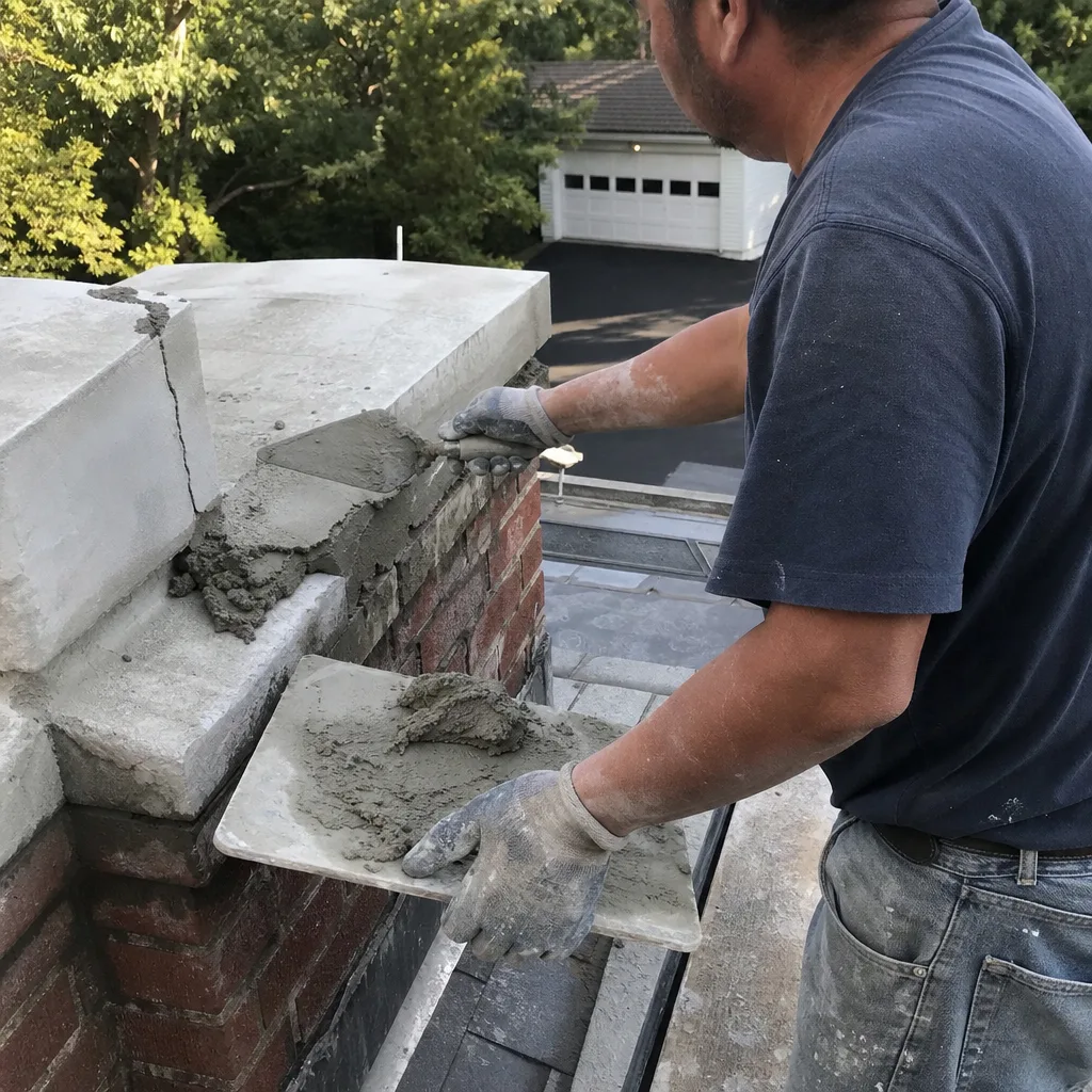 Professional contractor performing brick chimney repair and mortar crown restoration.