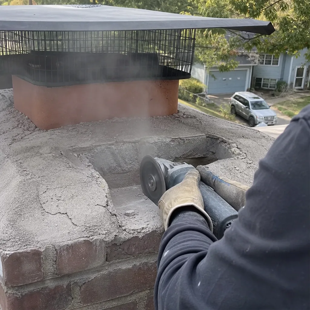 Technician performing professional chimney crown repair using an angle grinder