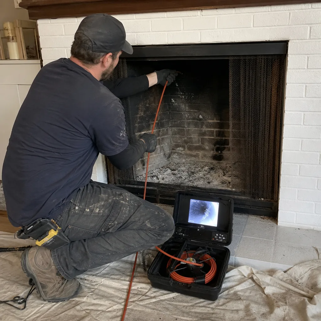 Technician performing a professional fireplace and chimney video inspection service