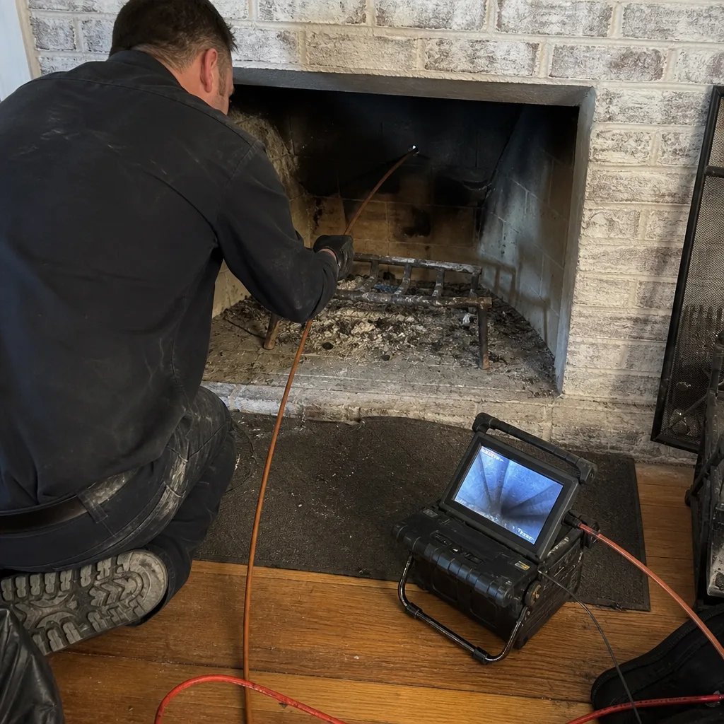 Technician performing a professional fireplace chimney inspection with a camera