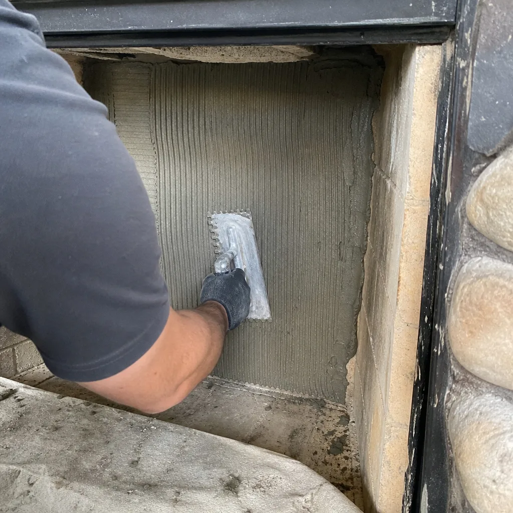 professional applying thin-set mortar to a fireplace firebox