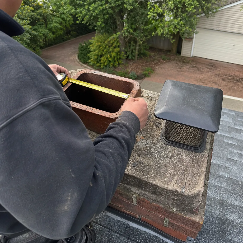 Technician measuring a chimney flue for a new chimney cap installation in Alexandria, VA